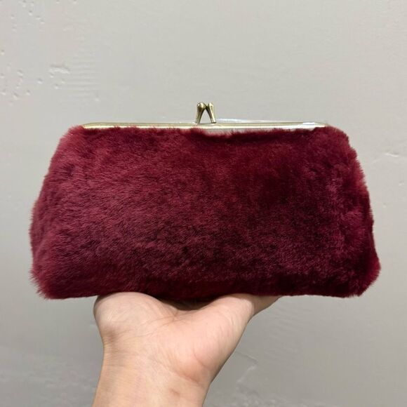 Burgundy Real Shearling Leather Kisslock Clutch/Cosmetic Case/Phone Case - Picture 3 of 14